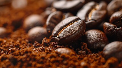 Poster - Macro photo fresh roasting coffee beans on ground brown warm toning : Generative AI