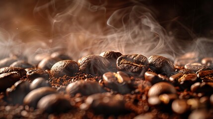 Aufkleber - Coffee beans close up Texture of brown coffee beans in smoke Ground and coarse coffee Contrasting dramatic light as an artistic effect : Generative AI
