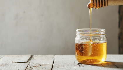 jar of honey with a honey dipper dripping golden honey into it on a wooden table