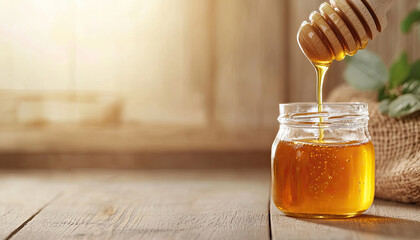 Wall Mural - Golden honey dripping from a dipper into a jar, placed on a wooden table with natural light