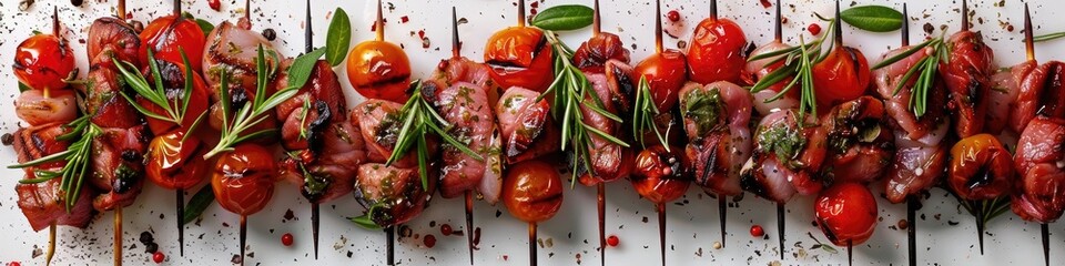 Poster - Marinated raw meat and vegetable chunks on skewers with herbs