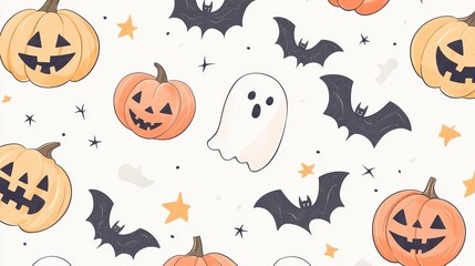 Wall Mural - A seamless background featuring a cute doodle pattern of pastel-colored pumpkins, ghosts, and bats, with a soft, light texture.