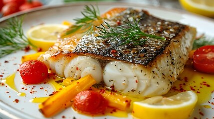 Aufkleber - Take a photo by smart phone of sea bass fillet steak with lemon sauce served with vegetable on plate : Generative AI