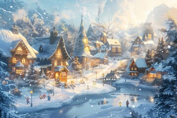 Aufkleber - Snow gently falls over a picturesque village, where cozy cottages emit warm light while residents wander through the quiet, enchanting winter landscape. Generative AI
