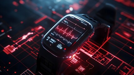 Poster - wearable ecg monitor device with clear display of heart rhythm readings surrounded by minimalistic f