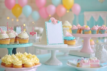 Birthday party table with colorful cakes, cupcakes, and decorations, featuring a blank card for personalized messages