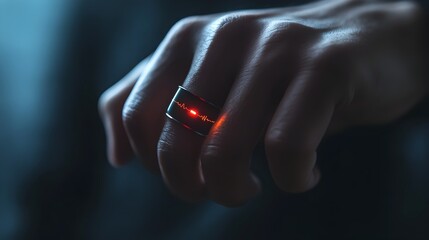 Poster - Closeup of a modern and minimalist smart ring device showcasing a sleek digital interface that displays real time health data such as pulse oximetry and body temperature measurements