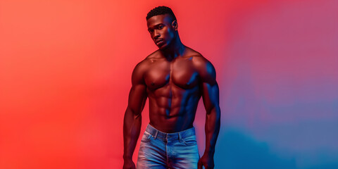 a man with a muscular body is standing in front of a red background. concept of strength and confide
