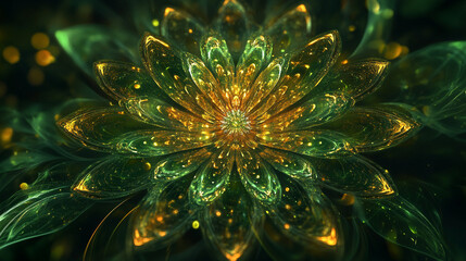 Poster - A beautiful glowing green and gold flower-like fractal design on a dark background