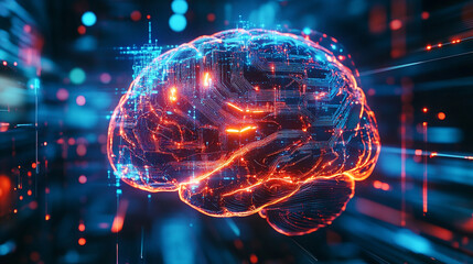Aufkleber - Digital representation of a brain illuminated with neon lights, surrounded by data streams and circuitry patterns