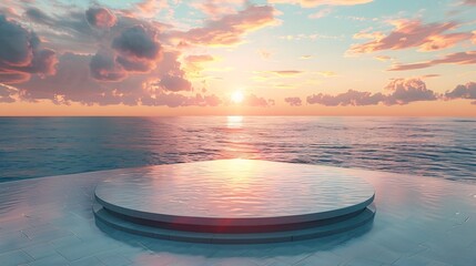 Poster - Podium stand in luxury swimming pool water with sea and sunset view Summer background of tropical design product placement display Hotel resort poolside backdrop : Generative AI