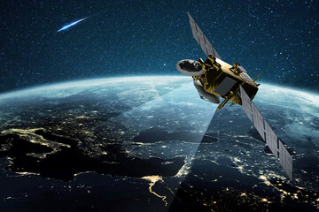 Aufkleber - Amazing beautiful blue planet earth with satellite view from space. Horizon Earth with the lights of night cities. Communication and Telecommunications. Broadcasting. Europe and the Middle East