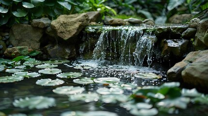Poster - Green cozy garden with a small waterfall and rocks and structures in the pond : Generative AI