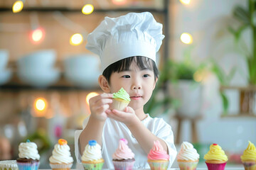 Asian toddler children learn to cook a homemade restaurant food. Asian little cook. Girl kid child bakes cupcake. Master class for children on cooking deserts