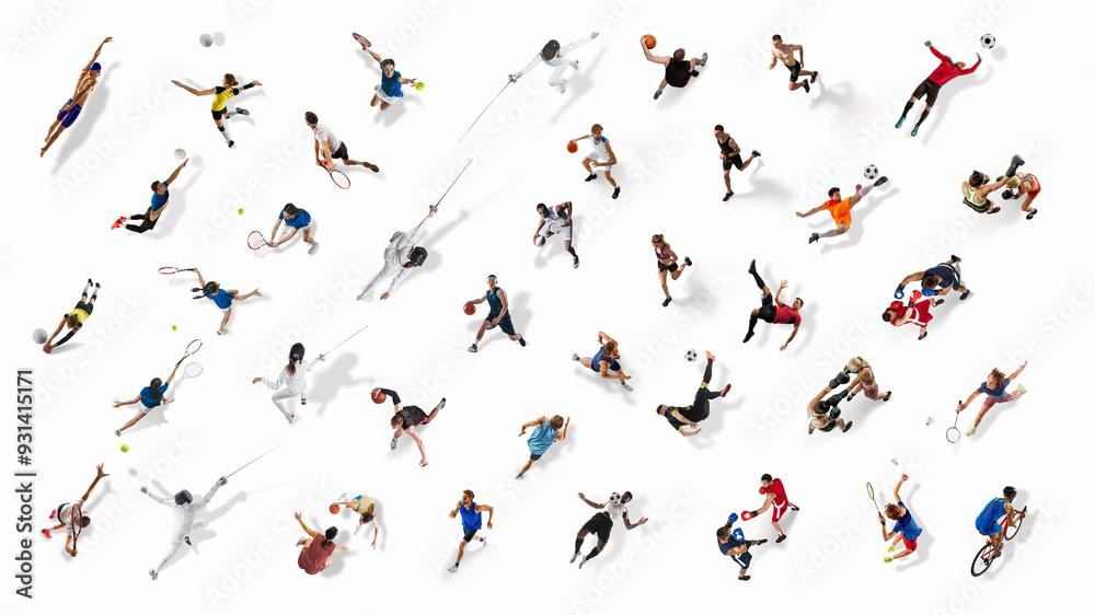 Collage. Multiple athletes, men and women of different sports in motion ...