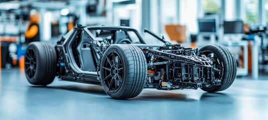 Sports Car Chassis Frame in Automotive Factory, Engineering and Manufacturing Concept