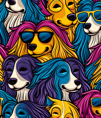 Sticker - A colorful collage of dogs with sunglasses on their heads. The dogs are smiling and seem to be enjoying the sunny day