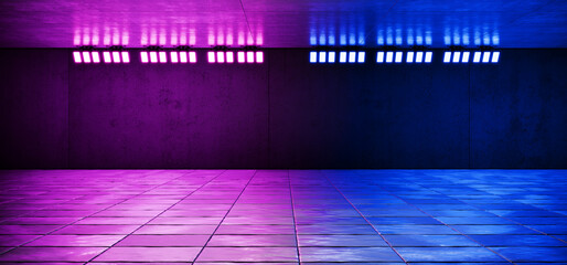 Industrial background. Futuristic corridor. Hangar with metal tiles. Futuristic warehouse. Many blue and pink lamps on the garage wall. Garage background. Dark empty warehouse. 3d render.