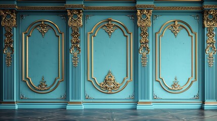 Poster - Luxury room interior with golden molding decor and blue wall in vintage style Classical architecture background mockup : Generative AI