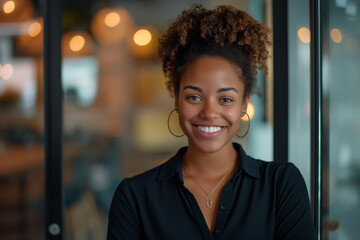 Wall Mural - A woman with curly hair is smiling and wearing a necklace. She is standing in front of a window