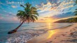 © Generative AI - Tropical beach with palm on beautiful sandy beach in Phu Quoc island Vietnam sunset sky This is one of the best beaches of Vietnam : Generative AI