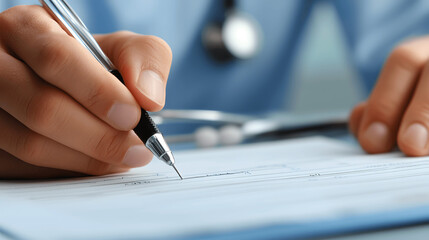 Close-up of doctor’s hand writing on medical chart banner, light grey background, copy space for text