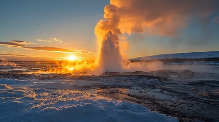 A geyser erupts under a stunning sunset, capturing the wild beauty of Iceland.