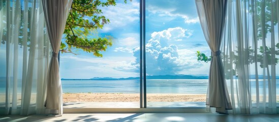 Wall Mural - curtain and glass window with beautiful sea beach view outside