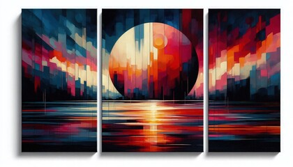 Wall Mural - HD triptych art of abstract twilight scenes, bold colors, geometric shapes, modern art, acrylic on canvas, white background