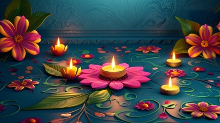 Wall Mural - A vibrant rangoli design with candles and flowers on a decorated floor cartoon Vector Illustration