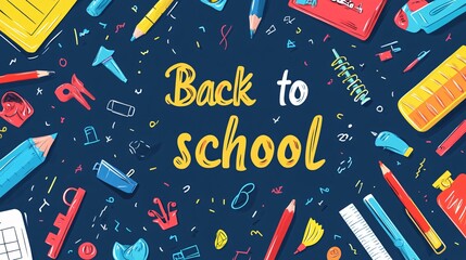 Wall Mural - School supplies surrounding back to school title on blue background