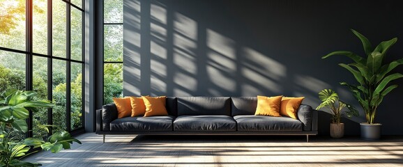 Minimalist Black Living Room With A Vintage Sofa, Rendered In Modern Style