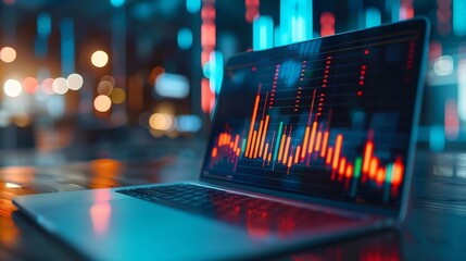 Leinwandbilder - A laptop with double exposure of financial graphs symbolizing market analysis on a blurred office background concept of business analytics : Generative AI