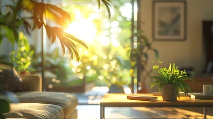 Poster - Blur image of living room with furniture at home with sunlight for background usage blur interior concept : Generative AI