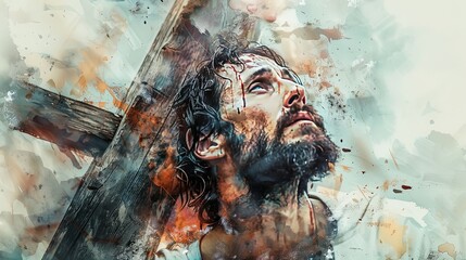 A detailed watercolor artwork depicting a man wearing a crown of thorns and carrying a wooden cross, illustrating deep human sacrifice, emotion, and spirituality in vivid strokes.