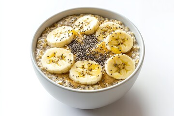 Showcase a bowl of whole grain oats with sliced bananas, a drizzle of almond butter, and a sprinkle of chia seeds, all against a white background.