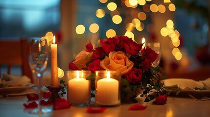 Poster - Candlelight dinner setup for couple on Valentines day Decoration flowers decor candles details closeup Romantic date Location for surprise marriage proposal Table setting in restaurant : Generative AI