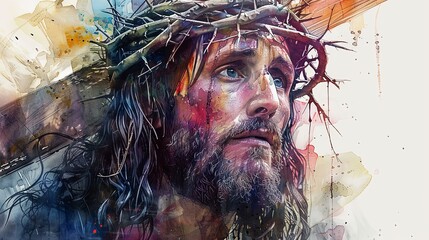 An impactful abstract depiction of the crucifixion with a thorn crown and colorful splashes, exuding themes of spirituality, sacrifice, and emotional intensity.