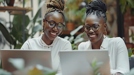 Aufkleber - Two happy African American businesswomen using laptops with smiling female consultant Expressing joy surprise Working together Online business concept in finance marketing : Generative AI