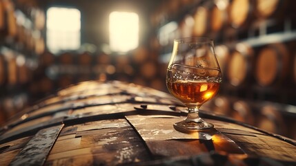 Poster - A glass of bourbon whiskey in old oak barrel Copper alambic and oak barrel on background Traditional alcohol distillery concept : Generative AI