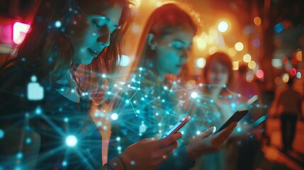 Fototapete - Networking people and group with phone in hands typing email reminder or sharing contact info Business community and team chat with professional social media app or planning collaborat : Generative AI