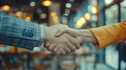 Aufkleber - Business people negotiation and handshake for deal agreement or partnership in office Shaking hands closeup and hiring offer for recruitment b2b collaboration or data analyst at table  : Generative AI