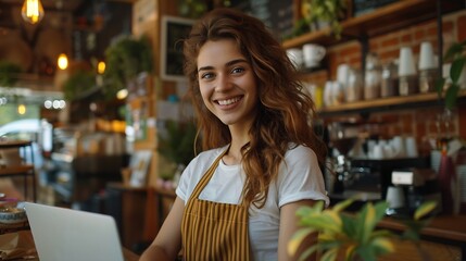 Poster - Happy woman portrait and cafe with laptop for small business management or startup Female person owner or entrepreneur with smile on computer for online service or connectivity at coff : Generative AI