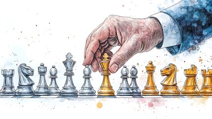 A Hand Moves a Golden Chess King Piece in a Watercolor Illustration.