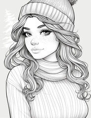 Wall Mural - A woman with long hair and a knit hat is smiling. She is wearing a sweater and scarf