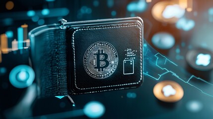 Poster - cryptocurrency symbols floating around a digital wallet, showcasing the rise of decentralized financ