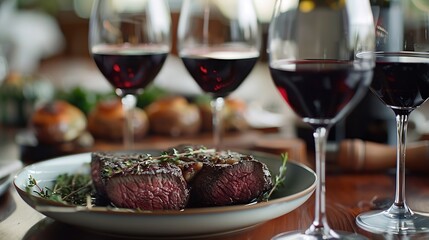 Poster - table setting with plate of beef with glasses of red wine : Generative AI