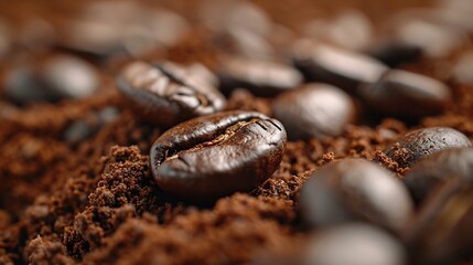 Poster - Macro photo fresh roasting coffee beans on ground brown warm toning : Generative AI