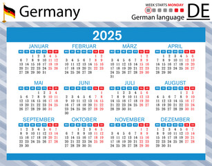 Wall Mural - German horizontal pocket calendar for 2025. Week starts Monday