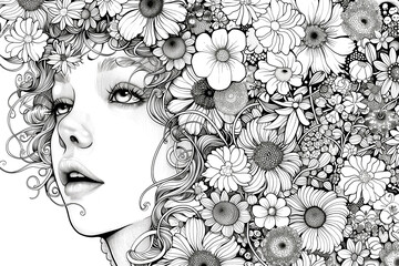 Sticker - A woman with a flowery head is the main subject of the image. The flowers are drawn in various sizes and colors, creating a vibrant and lively atmosphere. The woman's face is the focal point